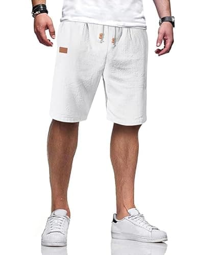 AUSELILY MEN Men's Cotton Linen Shorts 9 inch Drawstring Casual Elastic Waist Mens Summer Beach Vacation Shorts Big and Tall with Pockets White 3XL - Image 1