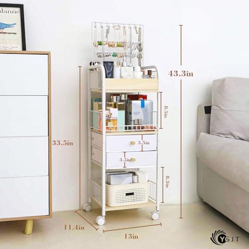 YGJT Makeup Organizer, Floor Skincare Cosmetics Organizer with Drawers, Jewelry Organizers and Storage for Earring Necklace, Vanity Organizer for Skin Care Perfume Makeup Brush Nail Polish Hair Tool - Thumbnail 2