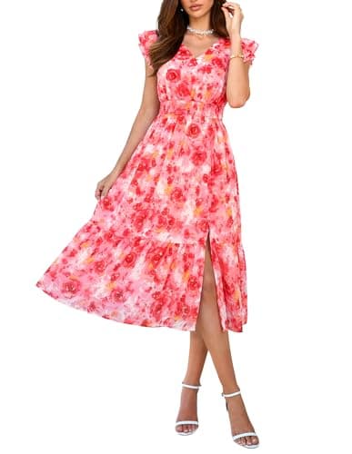 GRACE KARIN 2026 Womens Summer Dresses V Neck Ruffle Sleeve Floral Boho Beach A-Line Dress Red-Floral Print Medium - Image 1