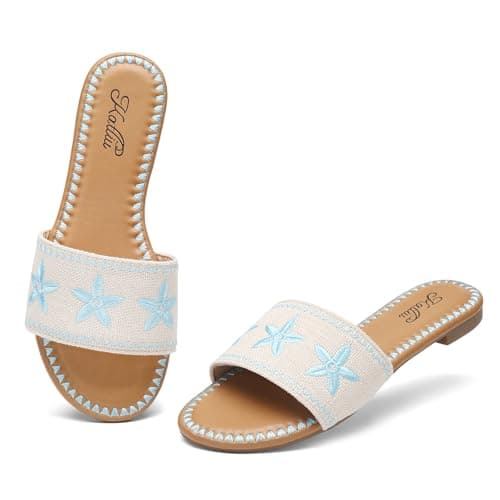 katliu Women's Flat Sandals, Boho Embroidery Floral Sandals, Vacation Slide Sandals Blue 11 - Image 1