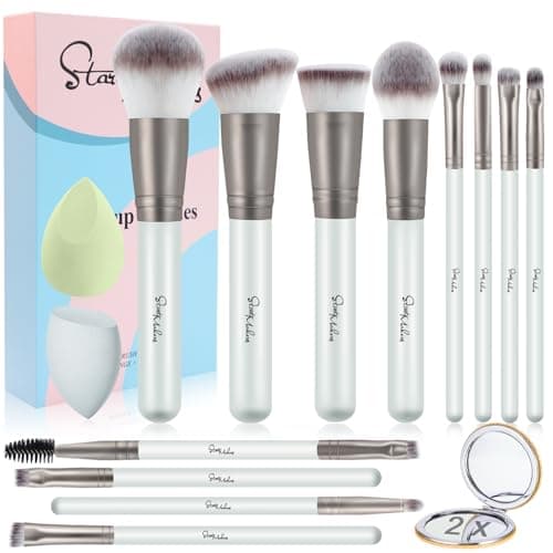 START MAKERS 15PCS Professional Makeup Brushes Set, Premium Synthetic Foundation Powder Concealer Eyeshadow Blush Kabuki Brushes Kit, MakeUp Brushes with 2 Makeup Sponges, Dual-Sided Mirror - Image 1