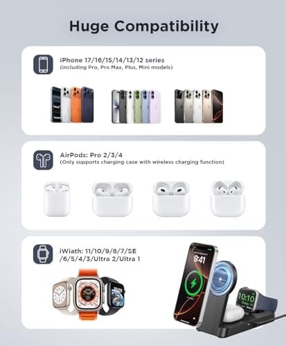 Kailwokk 3 in 1 Magnetic Wireless for iPhone Charging Station: Foldable Portable Charger for iPhone 17-12 Pro Max & Apple Watch & AirPods, for Apple Multiple Devices Charger for Home,Office&Travel - Thumbnail 4