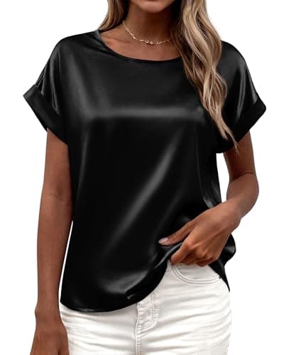 BTFBM Womens Summer Tops Satin Blouses Dressy Casual Loose Crewneck Short Sleeve Shirts 2026 Work Business Outfits(Black, X-Large) - Image 1