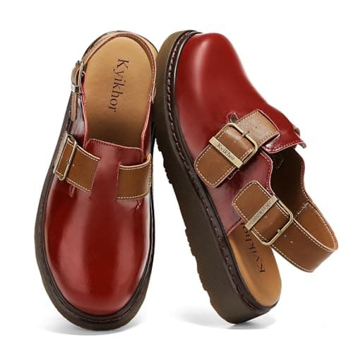 KYIKHOR Women's Genuine Leather Clogs for Women Comfort Women Loafer Slip-on Business Casual Dress Shoes Lightweight Leather Mules Office Work Everyday Walking Flats Red,10 M US - Image 1