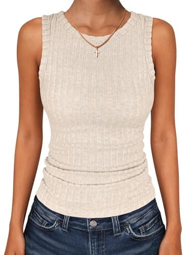 ANRABESS High Neck Tank Tops for Women Sleeveless Shirts Summer 2026 Basic Soft Slim Fit Racerback Trendy Casual Outfits Light Khaki M - Image 1