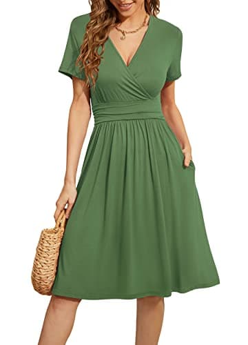 WEACZZY Women's Summer Casual Dresses Short Sleeve Wrap V-Neck Party Dress with Pockets,Army Green,M - Image 1