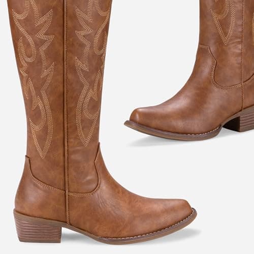 Jeossy Women's Brown Cowboy Boots Embroided Western Cowgirl Boots Round Toe Knee High Pull on Wide Calf Shoes with Inside Zipper Size 7 (DJY9809 brown 07) - Thumbnail 5