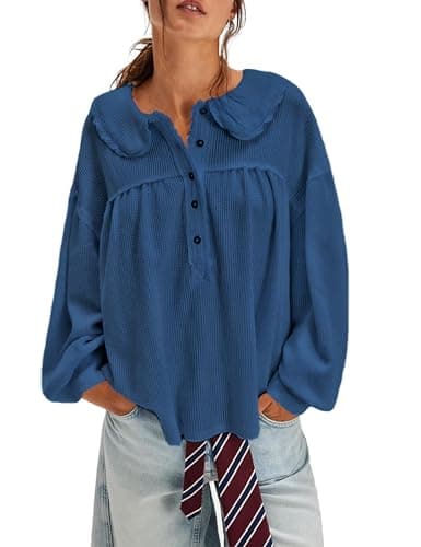 KGGT Women's Waffle Knit Tops Long Sleeve Henley Shirts Oversized Pullover Peter Pan Collar Loose Tunic Blouses(Navy-Blue,M) - Image 1