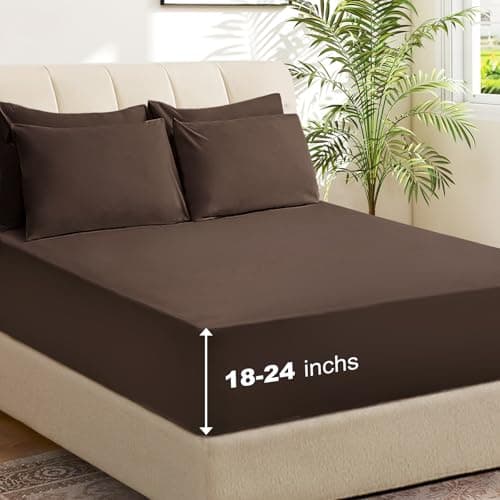 USXIBEI 6 Piece Full Sheet Set – Breathable & Cooling Bedding Set with 18-24 Inch Deep Pockets - 1 Flat & 1 Fitted Sheet & 4 Pillowcases（Full Dark Brown - Image 1