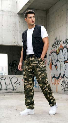 DISLANBO Men’s Camo Cargo Pants Cuffs Lightweight Relaxed Fit Straight Leg with Elastic Waist Drawstring Multi Pockets - Thumbnail 6