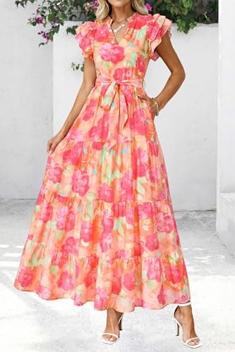 dowerme Women Summer Maxi Dresses 2026 Ruffle Sleeve V Neck Floral Boho Long Dress Belted Tiered Sundress with Pockets(Orange Red Big Floral,Small) - Thumbnail 5