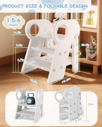 Baobrava Foldable Step Stool for Toddlers, Adjustable 3 Step Stool for Bathroom Sink, Toilet Potty Training Stool with Handles, Child Kitchen Counter Bedroom Bed Stool Helper - Thumbnail 6