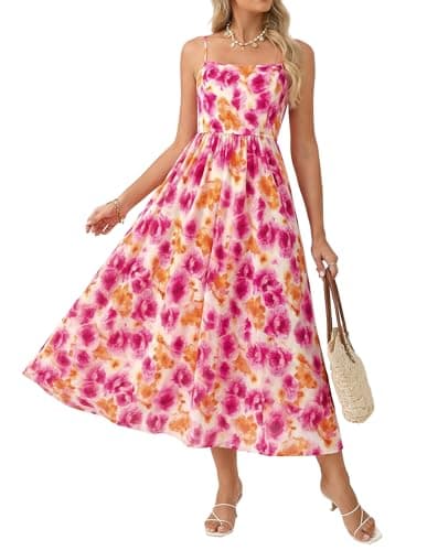 GRACE KARIN Summer Wedding Guest Dresses for Women 2026, Spaghetti Strap Beach Boho Maxi Dress,Flowy Floral Dress with Pocket Orange Pink XXL - Image 1