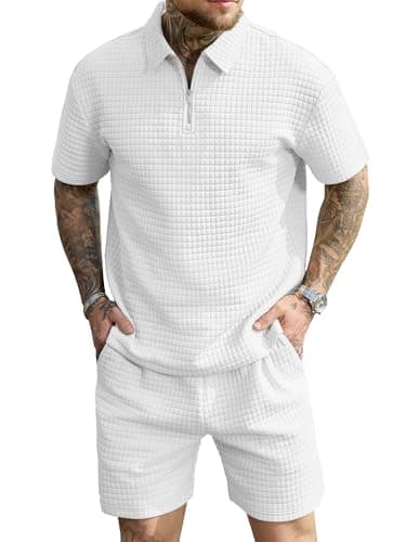 JEMLDL Men's Short Sets 2 Piece Polo Shirt Summer Outfits Casual Fashion Loungewear Short Sleeve Travel Golf Tracksuits White Large - Image 1