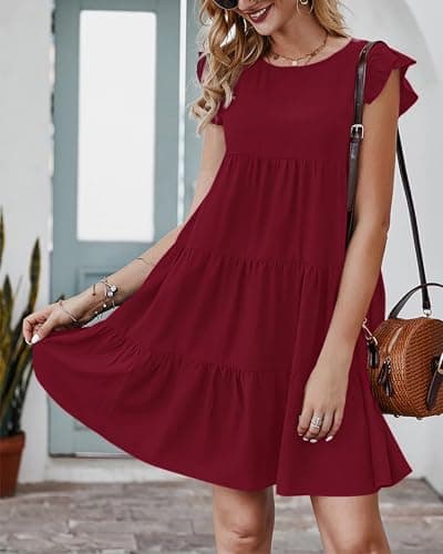 KIRUNDO Wedding Guest Dresses for Women Short Summer Sleeveless Ruffle Sleeve Round Neck Loose Short Flowy Pleated Tiered Mini Dress(Wine Red, Small) - Thumbnail 6