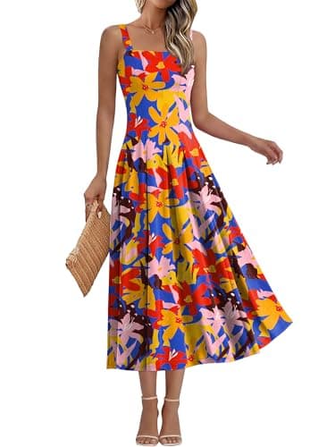 Prinbara Women's Summer Midi Dresses Sleeveless Square Neck Sundress 2026 Flowy A Line Boho Spring Wedding Guest Party Dress Blue Yellow Floral Large - Image 1