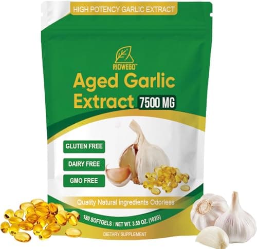 RIOWEGO Aged Garlic Extract Softgels,Odorless Allium Sativum 7500mg Antioxidant Supplement for Heart & Immune Support, Vegetarian, Non-GMO,2 Year Matured for Antioxidant Wellness-180 Count - Image 1