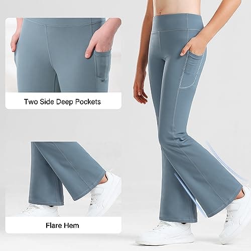 Stelle Girl's Flare Leggings with Pockets High Waisted Bootcut Yoga Pants Kids Dance Bell Bottoms Leggings(BK+GR+GB,S) - Thumbnail 6