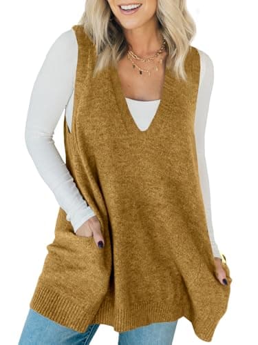 Saodimallsu Womens Sleeveless Sweater Vest V Neck Loose Knit Casual A Line Flattering Tunic Top with Pockets Dark Yellow - Image 1