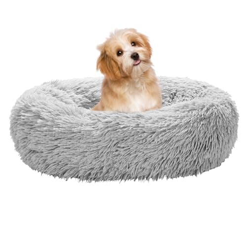 Calming Dog Bed for Small Melium Large Dogs Donut Washable Pet Bed for Puppy and Kitten Anti-Anxiety Donut Warming Cozy Soft Round Bed with Slip-Resistant Bottom (Grey, 20" L x 20" W x 8" Th)