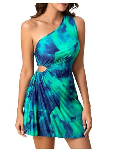 MakeMeChic Women's Summer Dress 2026 Tie Dye One Shoulder Mini Dress Pleated Cut Out Wedding Guest Dresses Multicolor X-Small - Image 1