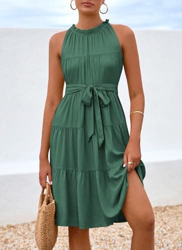 Okiwam Womens Summer Halter Dresses Sleeveless A Line Tiered Swing Mini 2025 Fall Casual Boho Beach Vacation Sundress-M Green - Thumbnail 4