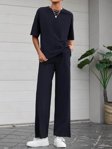 BTFBM Summer Outfits For Women 2026 Two Piece Sets Casual Short Sleeve Spring Tops Wide Leg Pants Matching Lounge Set(Navy, Small) - Thumbnail 6