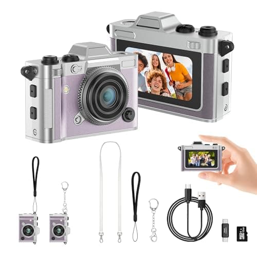 Dienspeak Portable Mini Digital Camera, Small Keychain Retro Camera for Kids Adults, Tiny Pocket Size 2K HD Video Recorder with 16GB Card, Cute Vintage Camcorder for Travel Camp Memories, Purple