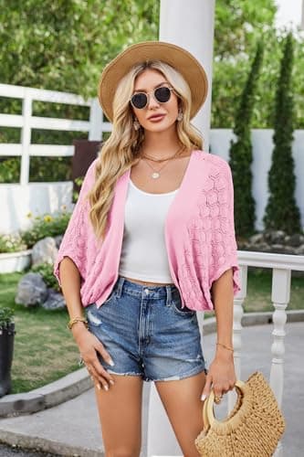 Women's 2024 Batwing Crochet Open Front Summer Shrug Cardigan Pastel Pink M - Thumbnail 3
