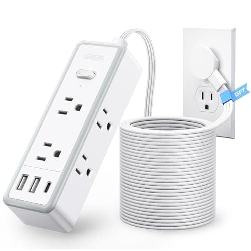 NTONPOWER Flat Plug Power Strip, 15 ft Extension Cord Surge Protector, 6 Widely AC Outlets with 3 USB Ports(1 USB C), Wall Mount, 3-Side Surge Protector Power Strip(1080J), Compact for Small Spaces - Image 1