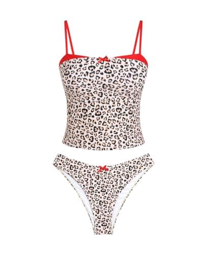 ZAFUL Womens Tankini Swimsuits Vintage Y2K Two Piece Bathing Suit 2026 Beach High Cut Tankini Set Swimwear, Leopard, L - Image 1