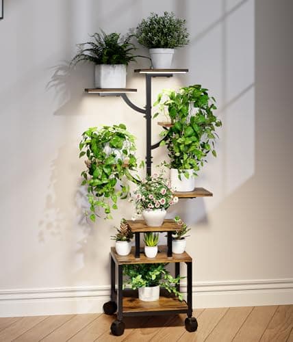 Plant Stand Indoor with Grow Lights - 7-Tier Plant Stand with Wheels, Tall Metal and Wood Indoor Plant Shelf with Tree Design, Rolling Flower Pot Holder Rack with Waterproof Finish, Adjustable Display Stand for Home Garden, Patio, 41" Tall - Image 1