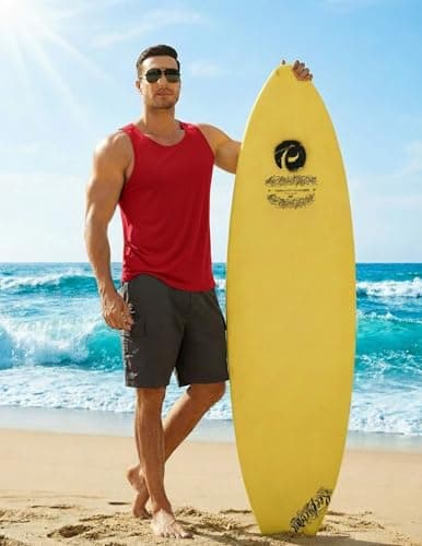 PINSPARK Mens Athletic Tank Tops All Day Comfort Sleeveless Shirts Quick Dry Breathable Workout Gym Sports Vest Summer Tee Red - Thumbnail 2