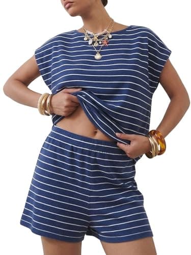 EXLURA Womens 2 Piece Sweater Sets Stripe Cap Sleeve Knit Tops Shorts Set Faux Cashmere Summer Beach Vacation Cruise Outfit - Image 1