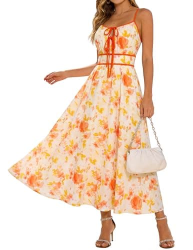 GRACE KARIN 2026 Women's Summer Maxi Dresses, Tie Front Floral Boho Dress, Spaghetti Strap Sundress with Pockets, Yellow M - Image 1
