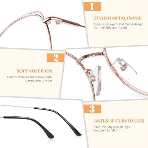 LINVO Classic Fake Glasses Women, Cat Eye Metal Clear Lens Eyeglasses with 100% UV400 Protection - Thumbnail 4
