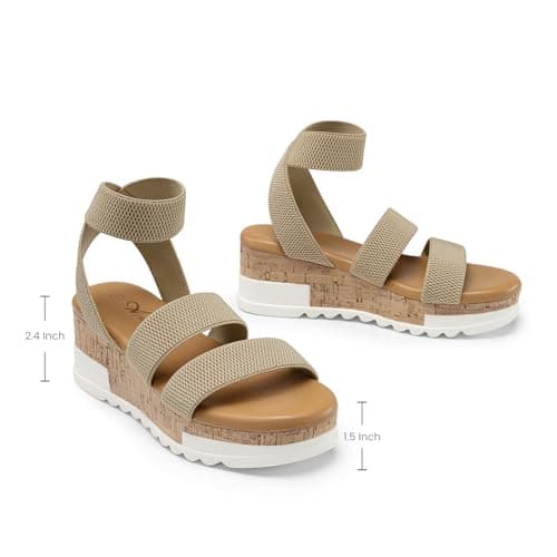 Athlefit Women's Casual Cork Platform Wedge Sandals Open Toe Elastic Ankle Strap Flatform Sandals for Summer, Khaki, Size 10, AD00102 - Thumbnail 5