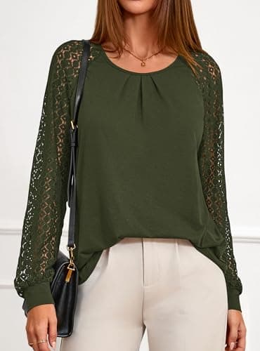 PRETTYGARDEN Womens Long Sleeve Shirts Lace Tops 2026 Spring Fashion Outfits Dressy Casual Blouses Work Clothes (Army Green,X-Large) - Thumbnail 2