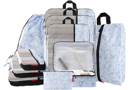 U+U 10 Set Compression Packing Cubes - Ultralight Travel Organizers with Laundry Bag and Cosmetic Bag, Space-Saving Suitcase Organizer for Travel, Business Trip and Family Vacation (Blue Flower) - Image 1