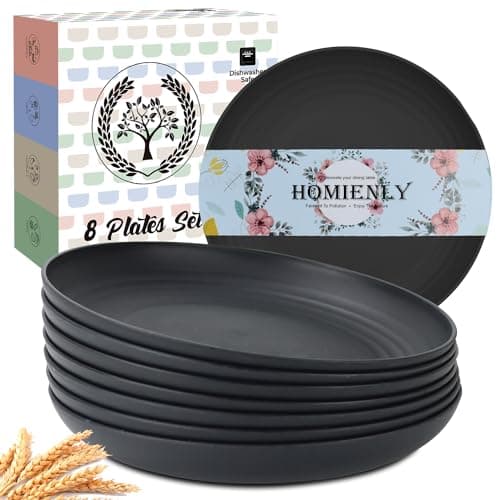 Homienly Dinner Plates Set of 8 Alternative for Plastic Plates Microwave and Dishwasher Safe Wheat Straw Plates for Kitchen Unbreakable Plate Set (Black, 10 inch) - Image 1