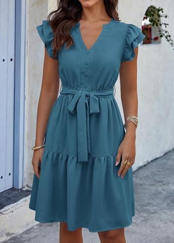 KIRUNDO Summer Dresses for Women 2026 Spring Flutter Sleeve V Neck Ruffle Flowy Tiered Knee Length Beach Vacation Sundress(Lake Blue, X-Large) - Thumbnail 5