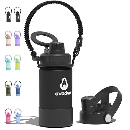 avodvo 12 oz Insulated Water Bottle with 2 Lids (2-in-1 Straw & Spout Lid, Magnetic Lid), Kids Water Bottle with Strap, Kids Stainless Steel Water Bottle for School, PA-Free, Black