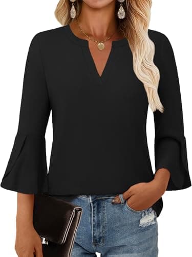 GKBK Women's Blouses Ruffle 3/4 Sleeve Dressy Top V Neck Casual Tunic Blouses Business Shirts Black S - Image 1