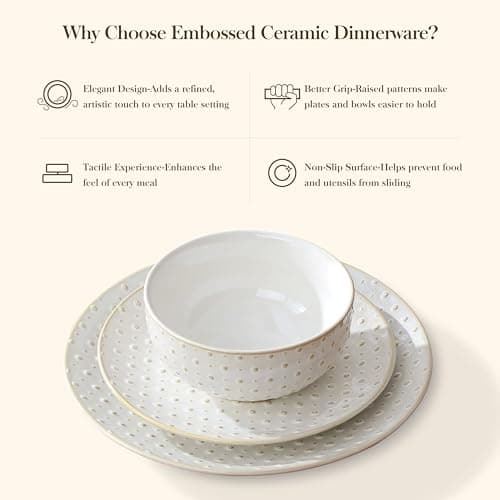 MALACASA 16 Pieces Dinnerware Sets, Modern Relief Design Plates and Bowls Sets, White Dish Set for 4, Kitchen Ceramic Dinner Plates Dishware Set, Microwave and Dishwasher Safe, Series LYDIA - Thumbnail 5