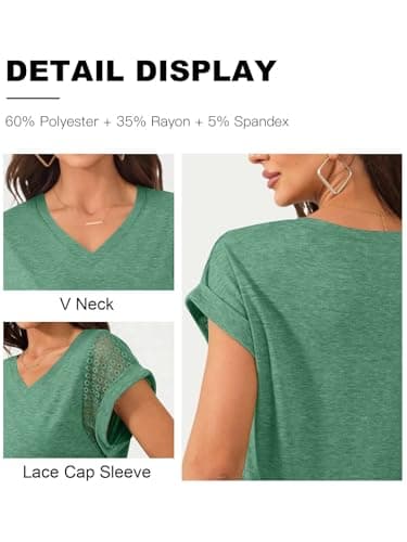 Bliwov Womens Summer Tops V Neck Lace Short Sleeve T Shirts Dressy Casual Business Outfits 2026 Spring Fashion Tee Clothes Green - Thumbnail 5