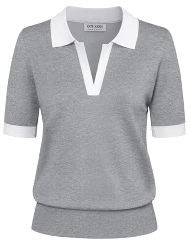 Kate Kasin Women Summer Color Block Knitted Tee Shirt Casual Short Sleeve Ribbed Hem Sweater Tops Light Grey L - Image 1