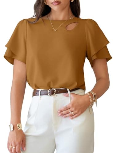 Dokotoo Women's 2026 Summer Tops Ruffle Sleeve Basic Shirts Dressy Casual Layer Short Sleeve Work Blouses Spring Trendy Clothes Brown X-Large - Image 1