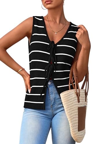 NALANISA Women's Sweater Vest Summer Tie Front Cute Tank Tops Trendy 2026 Crochet Knit Sleeveless Striped Shirts Going Out Beach Vacation Outfits (Black,XL) - Image 1