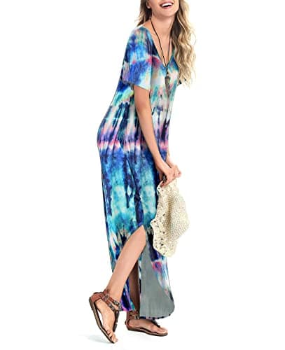 Arolina Women Summer Maxi Dress Short Sleeve V Neck Casual Loose Long Split Dresses Beach Vacation Sundress with Pockets Floral Blue - Thumbnail 4