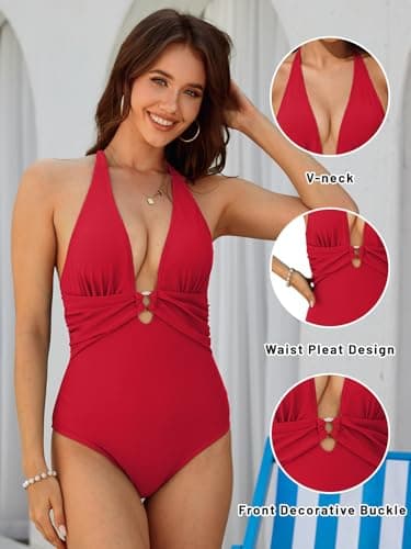 Women One Piece Tummy Control Swimsuit Full Coverage Slimming Swimwear Push Up Bathing Suit Red - Thumbnail 5